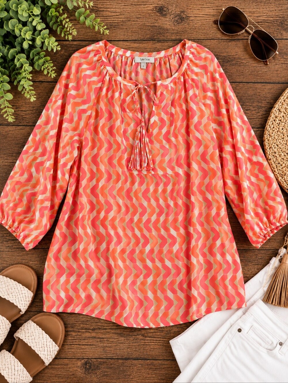Tyler Boe 100% Silk Geometric Tunic Blouse Size Large Coral Orange Tassel Tie